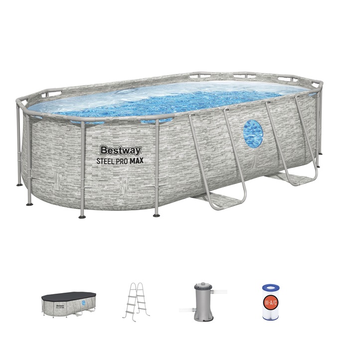 Bestway Power Steel Swim Vista Series 14' Above Ground Outdoor Swimming Pool Set with Filter Pump, Ladder, and Pool Cover, , large