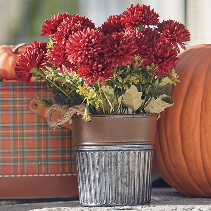 Faux Mums in Galvanized Pot, Red, large