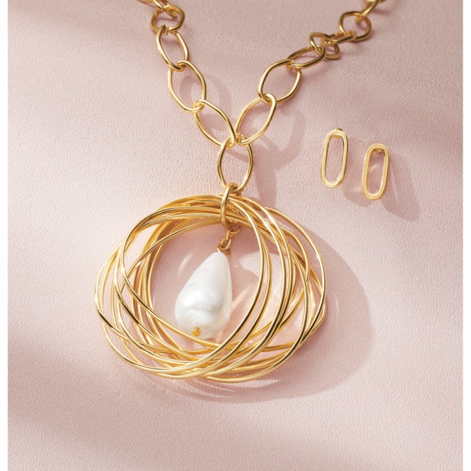 Faux-Pearl/Rings Necklace & Earrings Set, , large