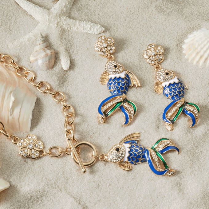 Enameled Dangling Fish Necklace or Earrings, , large