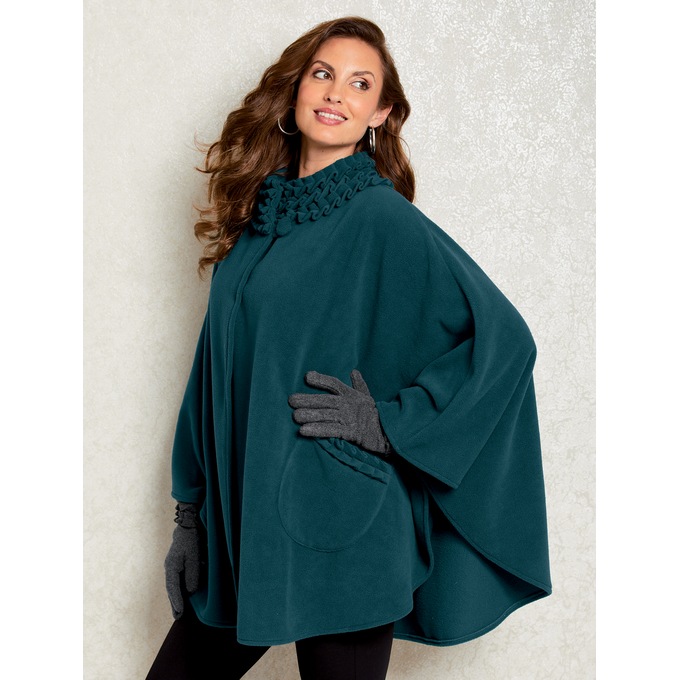 Fleece Ruffle-Trim Cape, Teal, large