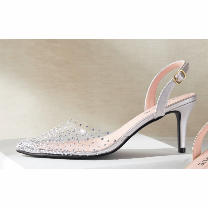 Classique Rhinestone Vinyl Halter Pump with Clear Lucite Heel and Adjustable Strap, , large