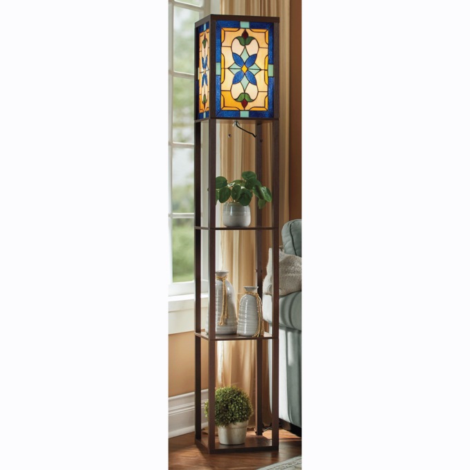 Stained Glass Gemma Floor Lamp with Shelves, Blue Green, large
