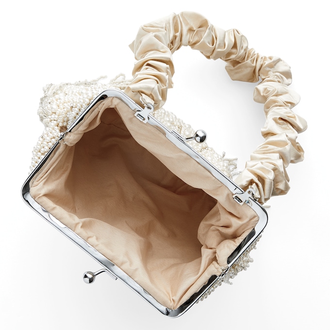 Seashell-Shaped Faux-Pearl & Rhinestone Evening Bag with Beaded Fringe for Women, , large