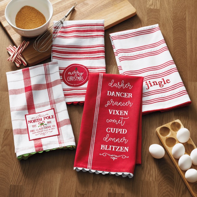 Set of 4 North Pole Embroidered Kitchen Towel Set, Red, large