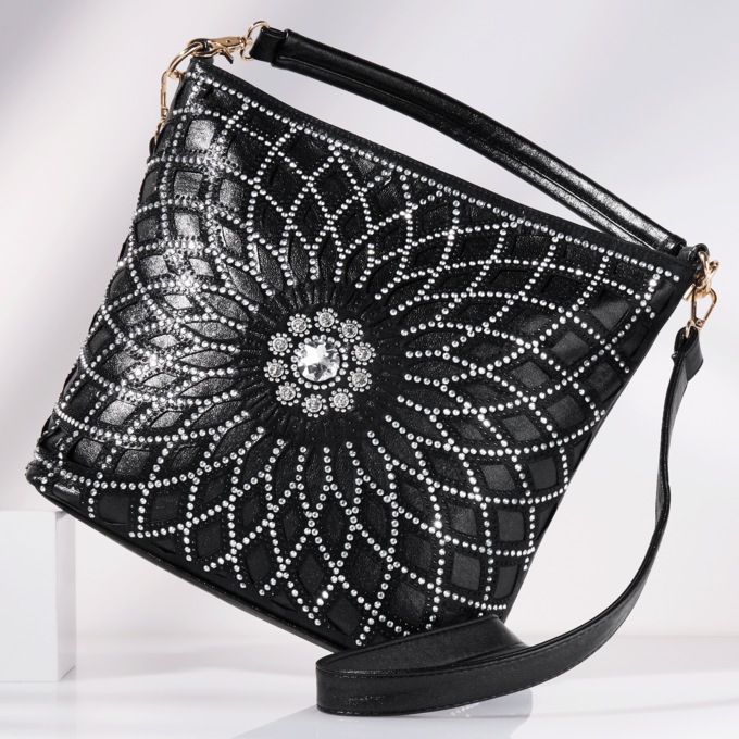 Chique Rhinestone-Embellished Bucket Bag with Zip Closure, Black, large