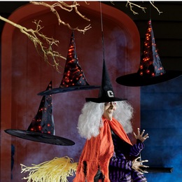 Set of 3 Hanging Lit Witch Hats, , large