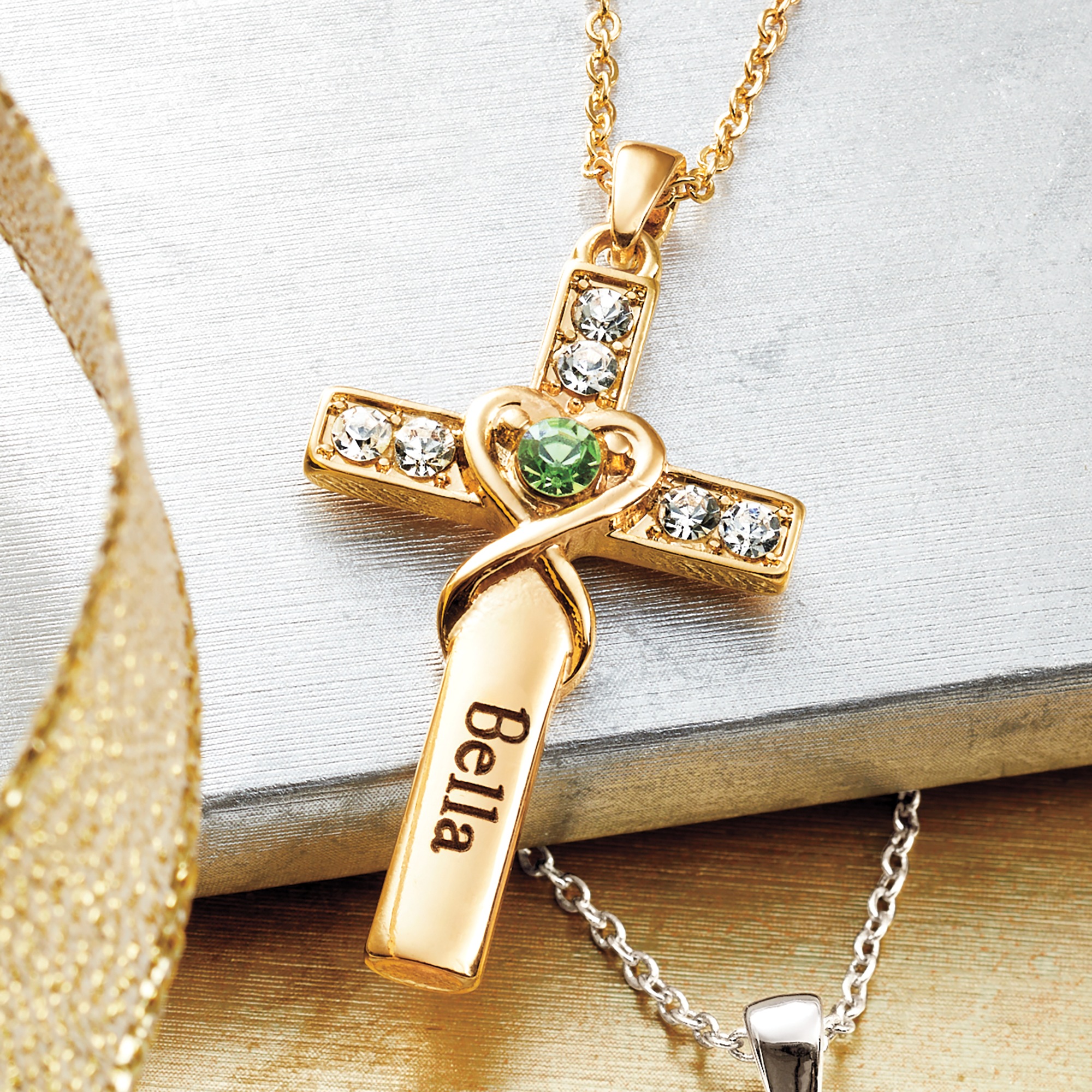 Personalized Birthstone Cross Necklace, Goldtone, large