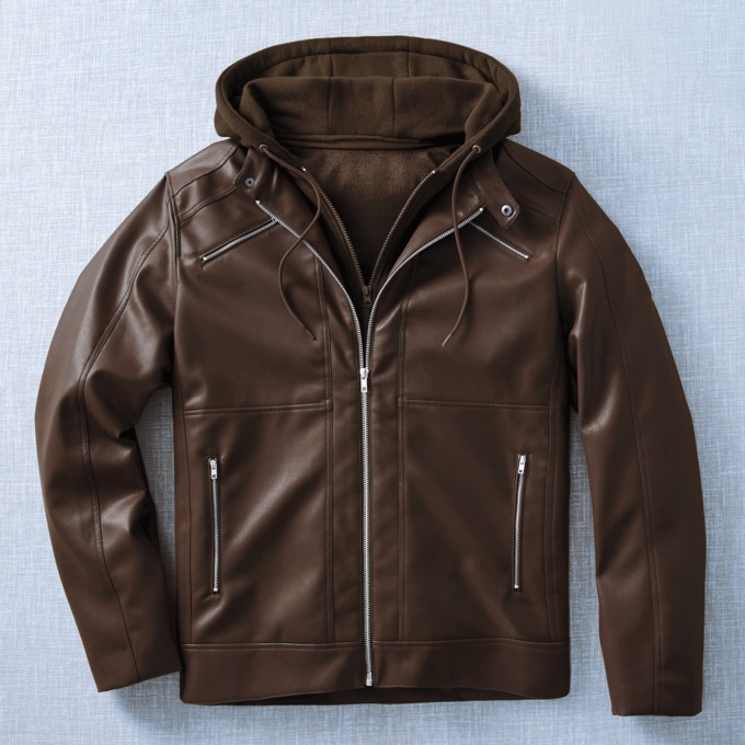 Moto Faux-Leather Biker Jacket with Removable Hoodie Inset, , large