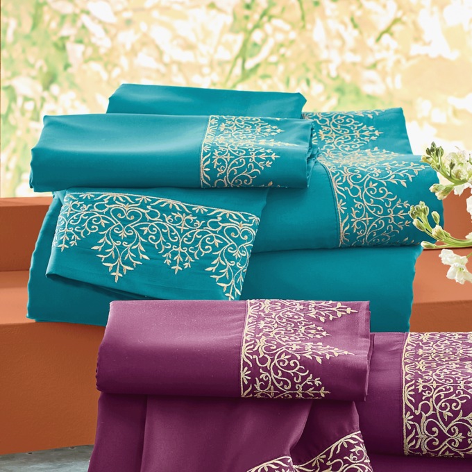 Moroccan-Style Embroidered Hem Sheet Set, Ocean, large