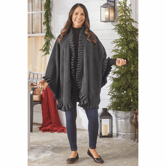Warm Fleece Cape with Open Front and All-around Ruffle Trim, , large