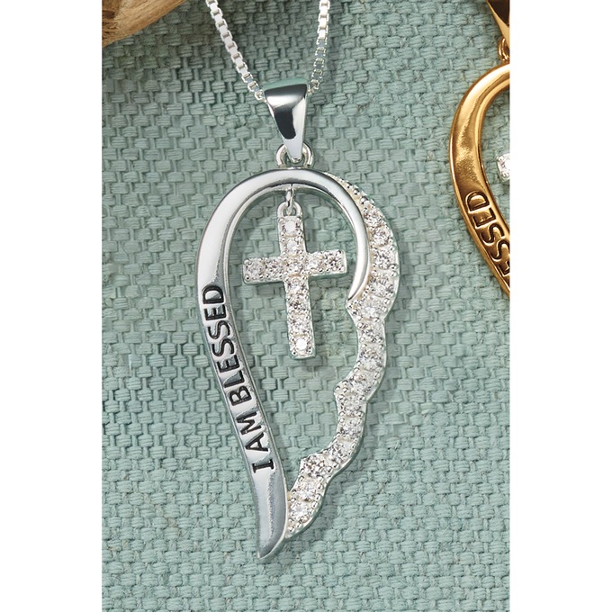 Cubic Zirconia Wings/Cross Blessed Pendant, Sterling Silver, large