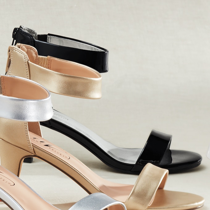 Faux Patent Back-Zip Sandal with Heel, Black, large