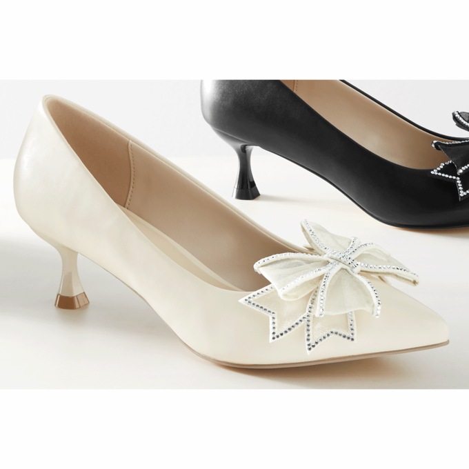 Midnight Velvet Double-Bow Pump, Beige, large