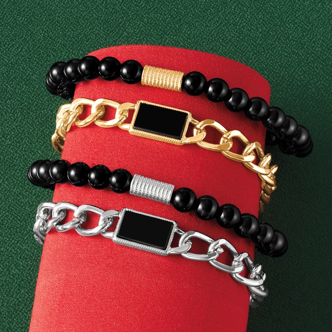 Men's 2-Piece Black Agate Bracelet Set, , large