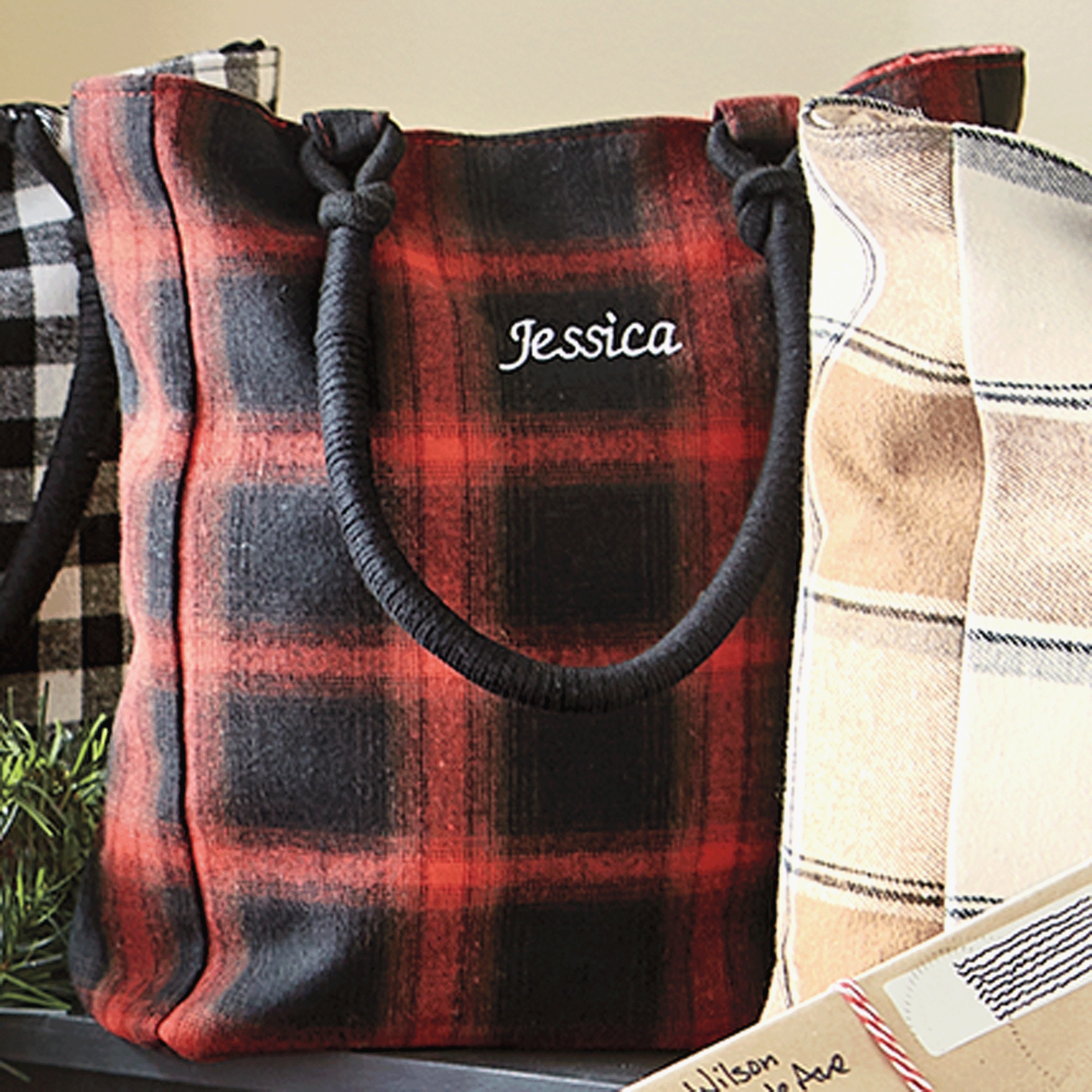 Personalized Farmhouse Tote, Black Red Check, large