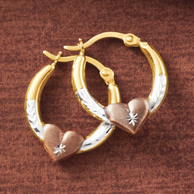 10K Gold Tricolor Heart Hoops, , large