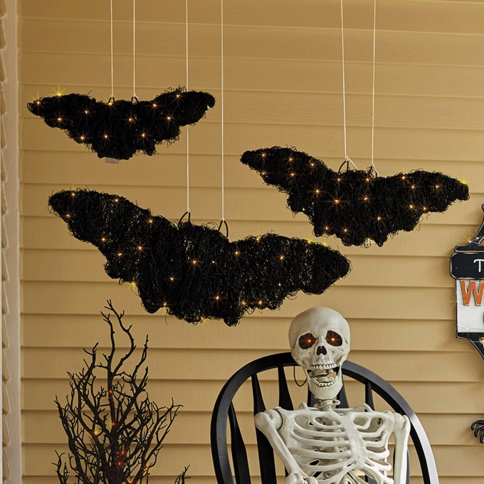 Set of 3 Lit Woven-Rattan Bats, , large