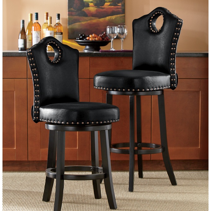 High-Back Swivel Bar Stool with Nailhead Trim, , large