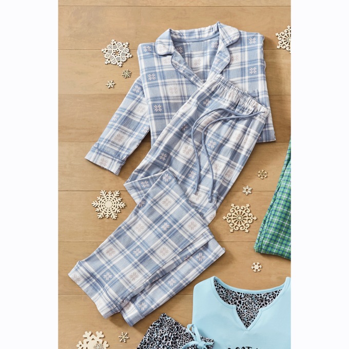 Snowflake Plaid PJ Set in Organic Cotton Flannel with Button-down Top and Pant, , large