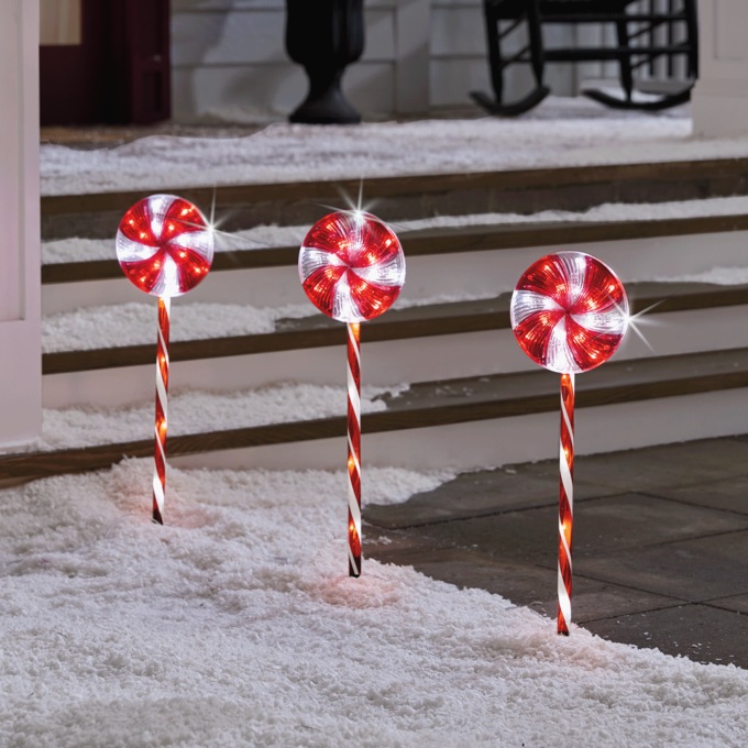 Set of 3 Outdoor LED Lighted Peppermint Lollipop Stakes, Red/White, large