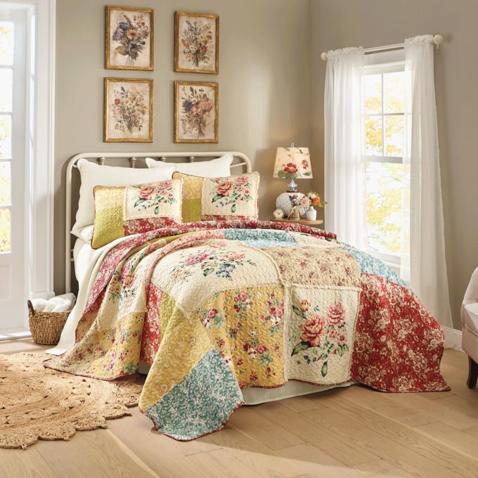 4-Piece Vintage Tea-Stained Floral Canvas Wall Art Set with Gold Frames, Multi, large