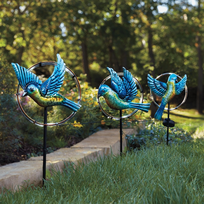 Set of 3 Solar Bluebird Ring Stakes, , large