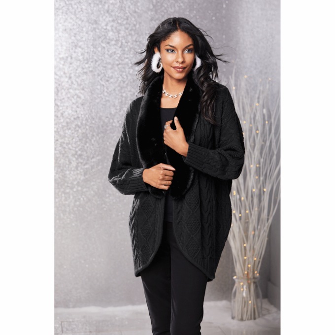 Diana Faux Fur-Trimmed Cardigan, , large