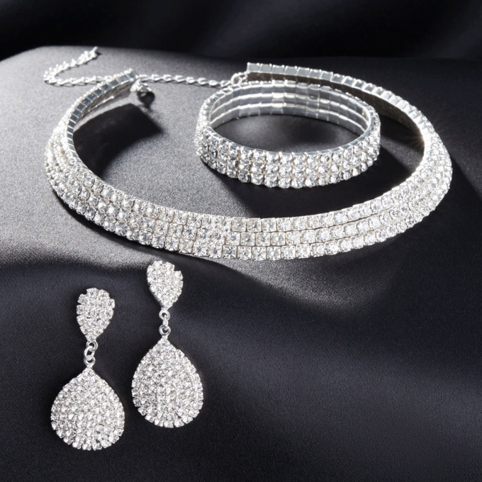 Silvertone Crystal Jewelry Set, , large