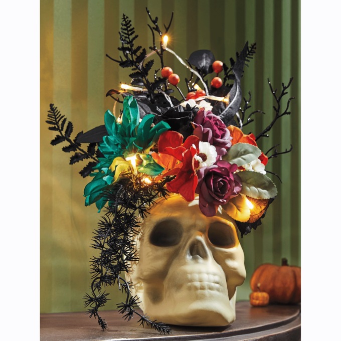 Lit Floral Arrangement in Skull, , large