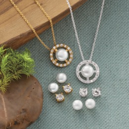 Pearl/Cubic Zirconia Pendant &amp; 2-Pair Post Set, , large