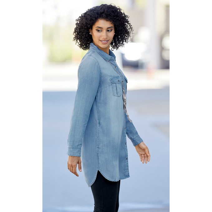 Long-Sleeved Denim Button-Up Tunic, , large