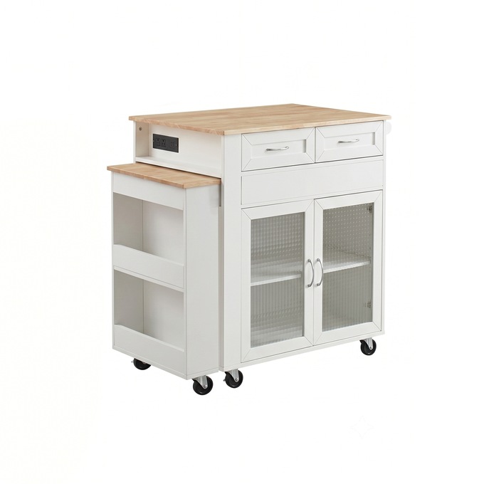 Powered Expandable Kitchen Island, White, large