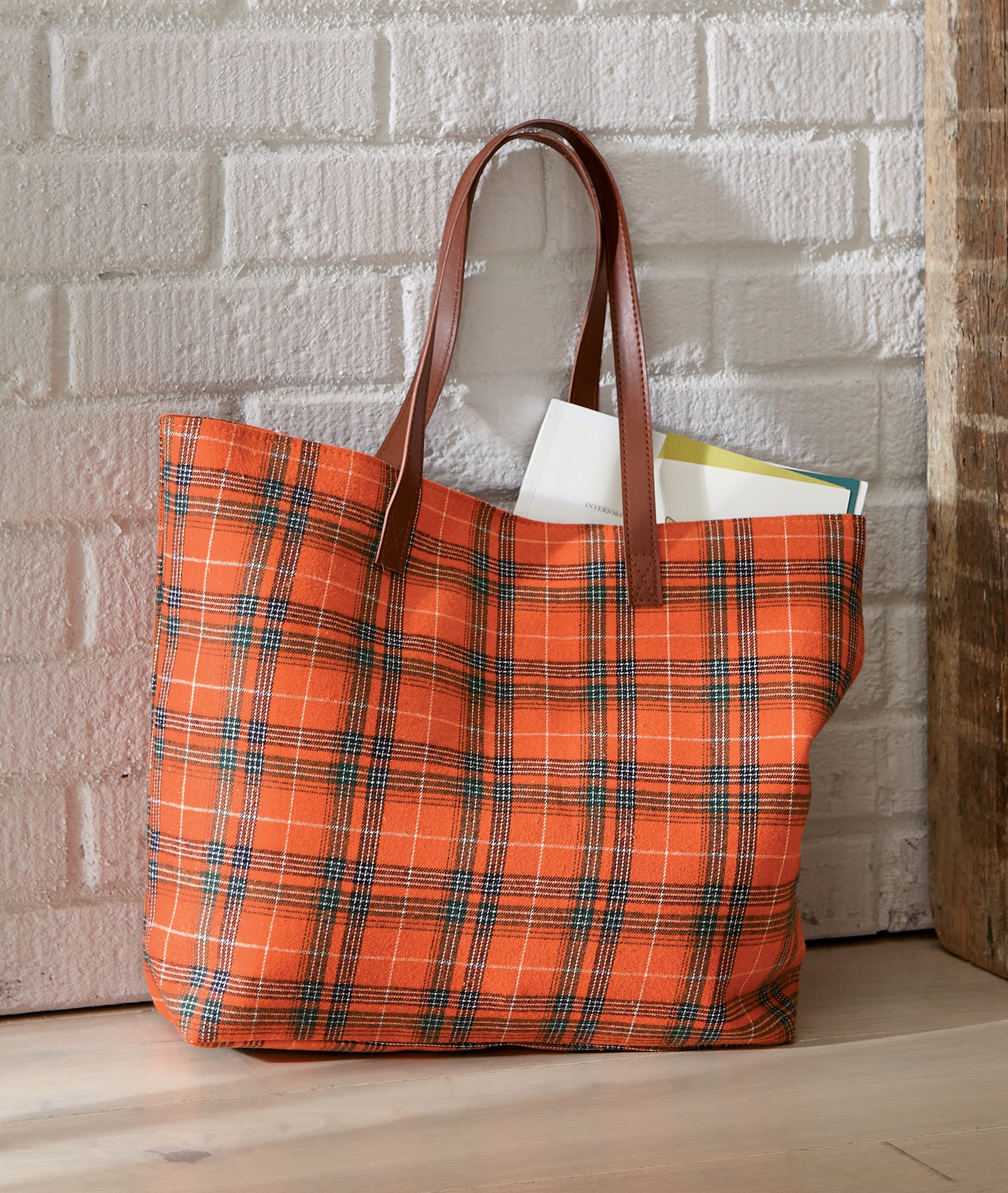 Personalized Harvest Plaid Tote, Orange Multi, large