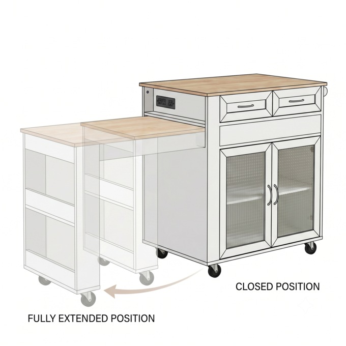 Powered Expandable Kitchen Island, White, large