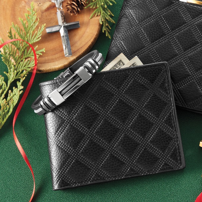 Men's 4-Piece Cross Pendant, Bracelet & Wallet Set, Silvertone, large