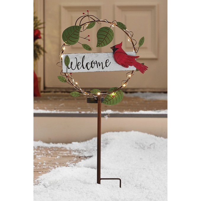 Solar Christmas Cardinal Wreath Stake, , large