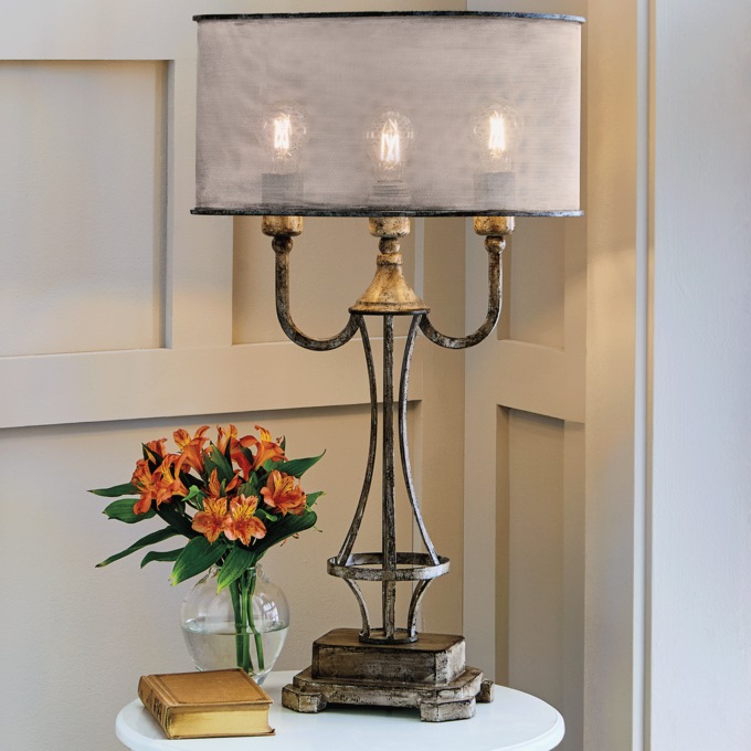 Tanis 3-Bulb Table Lamp with Metal Mesh Shade, Distressed Gray, large