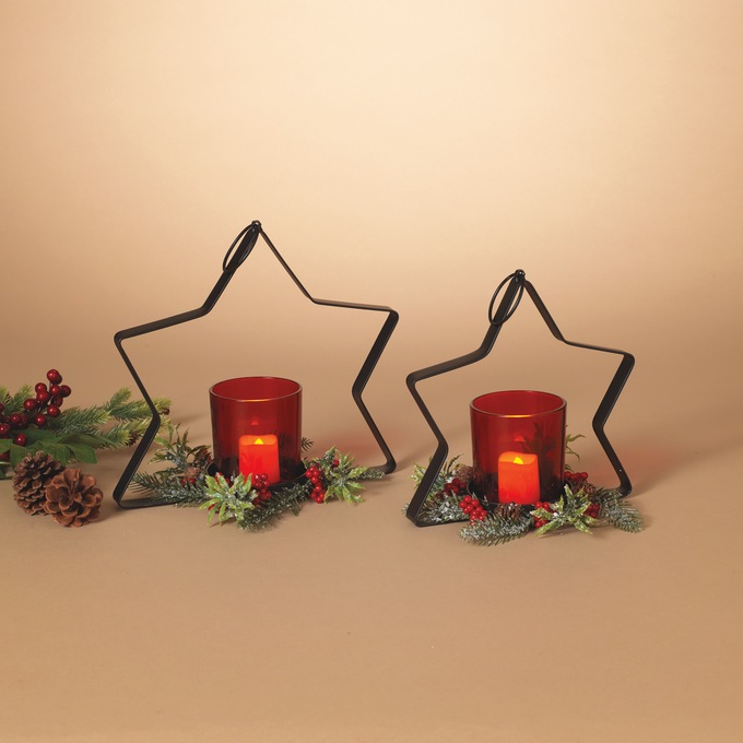 Set of 2 Hanging Star Candleholders with Berry Wreath, , large