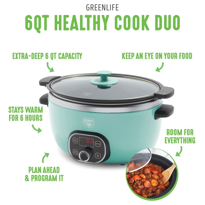 Green Life Slow Cooker Healthy Duo 6-Quart Slow Cooker, Turquoise, large