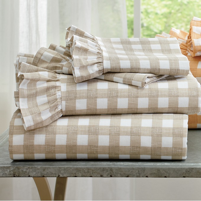 Ruffle Gingham Cotton Sheet Set, Ash, large