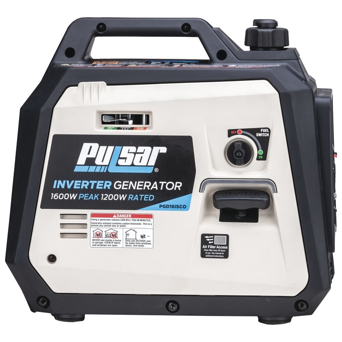 Pulsar 1600W/1200W Portable Gas Inverter Generator, Recoil Start with CO Alert, Black, large
