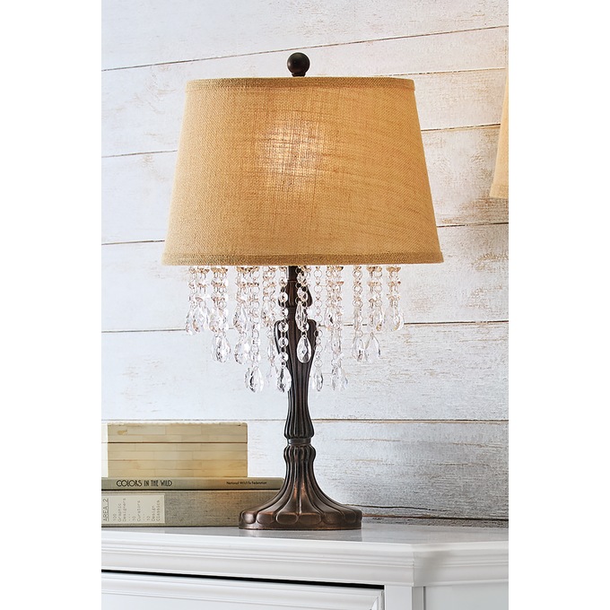 Crystal-Encrusted Table Lamp with Cascading Crystals, Bronze, large