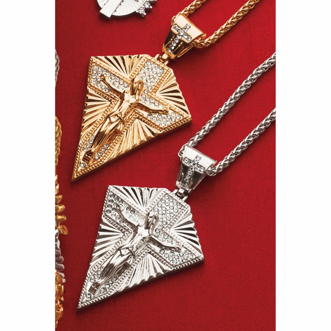 Men's Crystal Crucifix Shield Pendant, , large