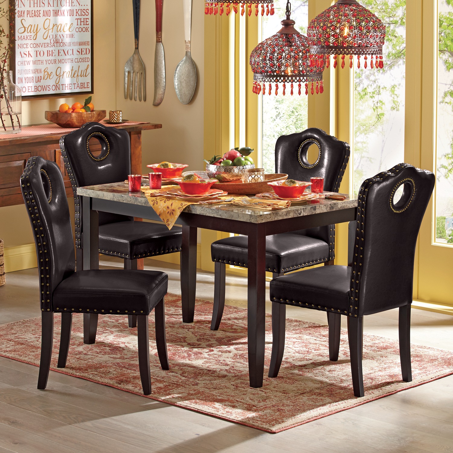 Marble Look Dining Table And Nailhead Chairs Montgomery Ward