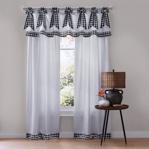 Gingham Trim Curtain Window Panel, Black Ivory, large