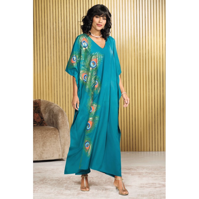 Ember Long Wearable-Art Caftan with Peacock Feather Print, Teal, large