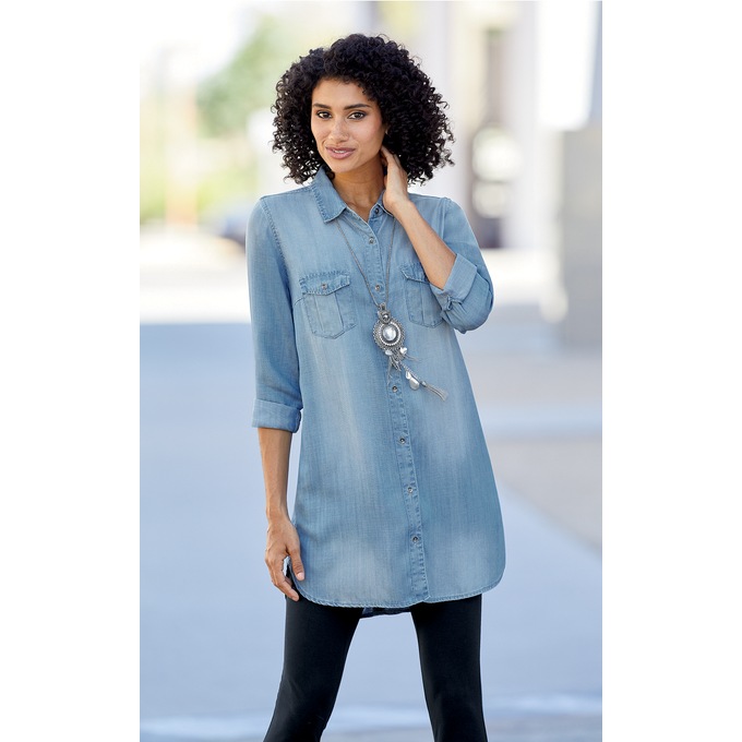 Long-Sleeved Denim Button-Up Tunic, , large
