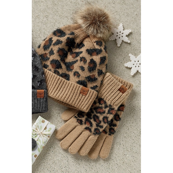 Britts Knit Snow Leopard Hat and Glove Set, , large