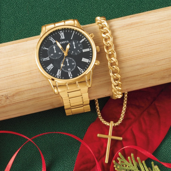 Men's 3-Piece Link Watch, Pendant & Bracelet Set, Goldtone, large